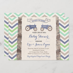 Tweeling jongens groen blauw trekkerchevron baby s kaart