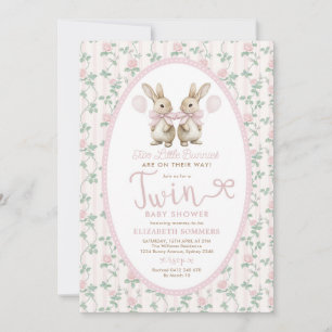 Tweeling Konijn Roze Rozen Meisje Baby Shower Kaart