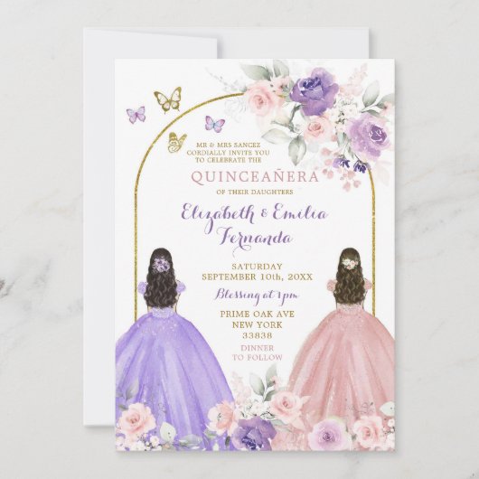Tweeling Lila en Blush Roze Quinceañera Prinsessen Kaart (Voorkant)