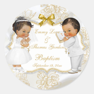 Tweeling meisje en jongen Doopsel Doop Gouden Krui Ronde Sticker