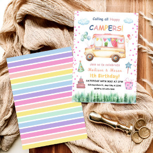 Tweeling Meisje & Jongen Happy Camper Verjaardagsu Kaart