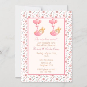 Tweeling Meisjes Baby Shower Roze Ooievaar Thema Magnetische Uitnodiging