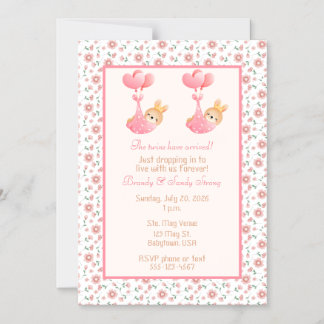 Tweeling Meisjes Baby Shower Roze Ooievaar Thema Magnetische Uitnodiging