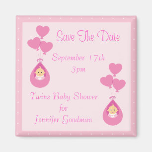Tweeling Meisjes & Ballonnen Save The Date Baby sh Magneet