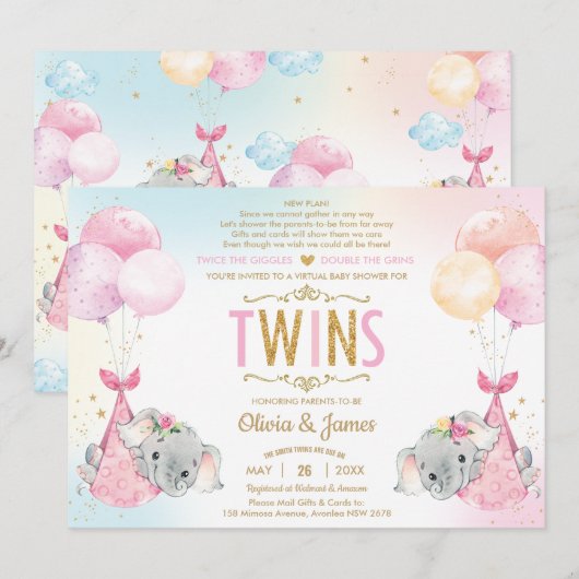 Tweeling Meisjes Olifant Virtual Baby shower per M Kaart (Voorkant / Achterkant)