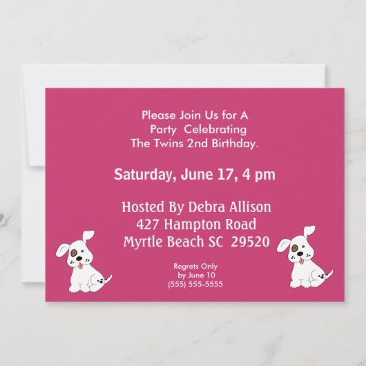 Tweeling Meisjes (Puppies) Verjaardagsfeestuitnodi Kaart (Achterkant)
