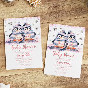 Tweeling Meisjes Roze Baby shower Pinguïn Invitati Kaart