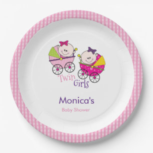 Tweeling Meisjes Roze Gingham Baby Shower Papieren Bordje