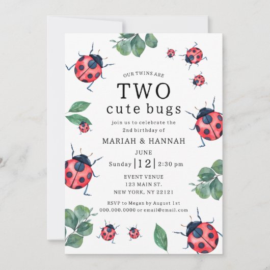 Tweeling Meisjes Twee Schattigee Bugs Ladybug 2e v Kaart (Voorkant)