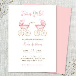 Tweeling Meisjes Wagen Baby Shower Uitnodiging
