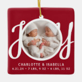 Tweeling Namen Geboorte Stats Foto Red Keepsake Keramisch Ornament (Voorkant)