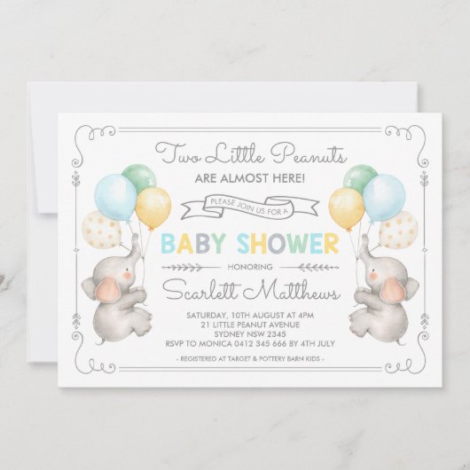 tweeling olifant Baby shower pastel ballonnen uitn Kaart (Voorkant)