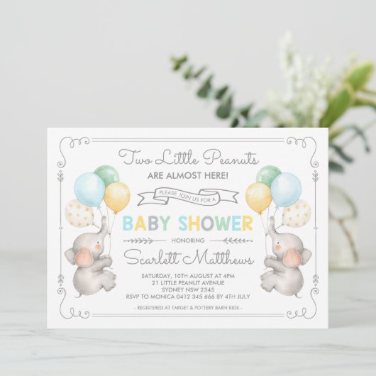 tweeling olifant Baby shower pastel ballonnen uitn Kaart (Staand voorkant)