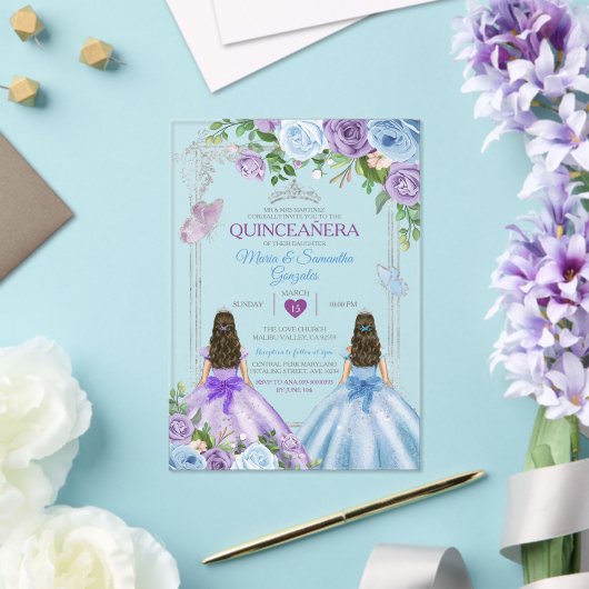 Tweeling Paarse en Blauwe Vlinder Zilveren Quincea Acryl Uitnodigingen (Insitu (Huwelijk))