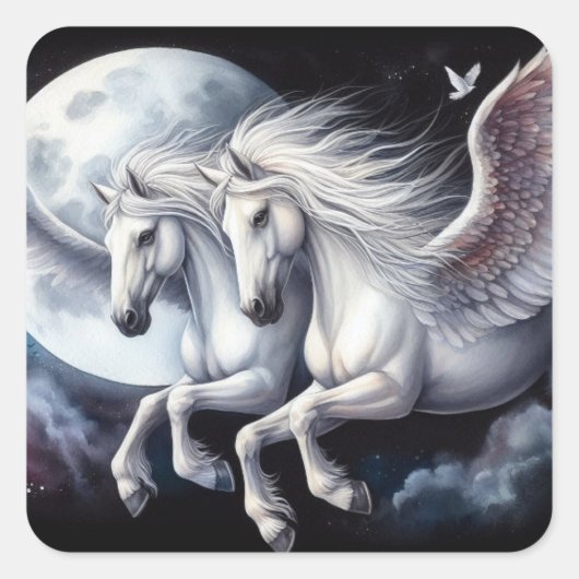 Tweeling Pegasus vliegt voor de maan Vierkante Sticker (Voorkant)