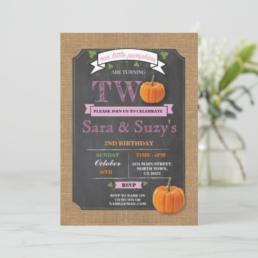 Tweeling pompoen 2e tweede twee verjaardagsfeestje kaart (Staand voorkant)