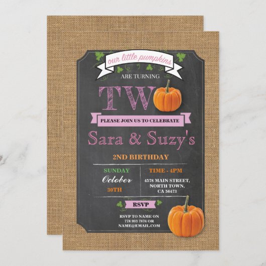 Tweeling pompoen 2e tweede twee verjaardagsfeestje kaart (Voorkant / Achterkant)