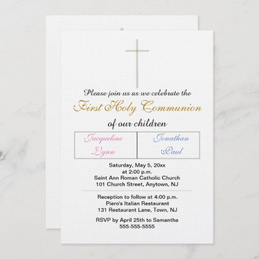 Tweeling Roze Blauw Goud Eerste Heilige Communie Kaart (Voorkant / Achterkant)