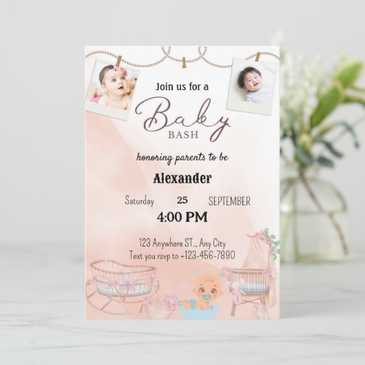 Tweeling Roze Luier Bash uitnodigingen (Staand voorkant)