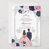 Tweeling Roze & Navy Blauwe Bloemen Zilver Quincea Kaart (Voorkant)
