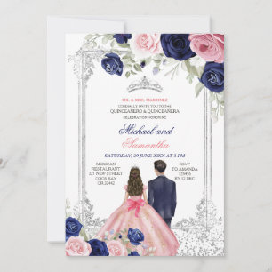 Tweeling Roze & Navy Blauwe Bloemen Zilver Quincea Kaart