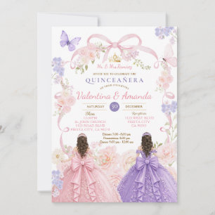 Tweeling Roze Paarse Quinceañera Uitnodiging
