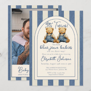 Tweeling Teddybeer Foto QR Code Jongen Baby Shower Kaart
