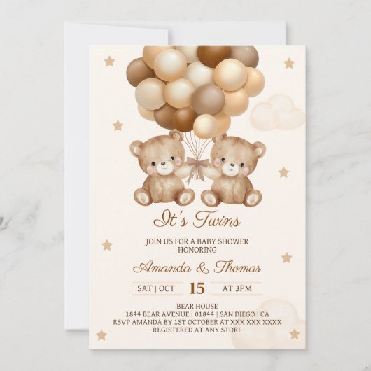 Tweeling Teddybeer Neutraal Ballon Baby shower Kaart (Voorkant)