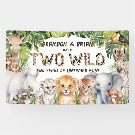 Tweeling Twee wilde Oerwoud Dier 2e verjaardag Ach Spandoek (Horizontaal)