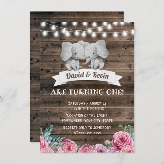 Tweeling Verjaardag Schattigee Olifant Bloemen Kaart (Voorkant / Achterkant)