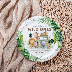 Tweeling Wild One 1e verjaardag Safari Dieren Papieren Bordje