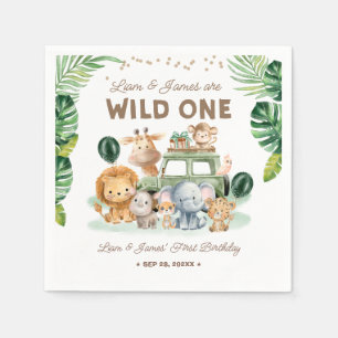Tweeling Wild One 1e verjaardag Safari Dieren Servet