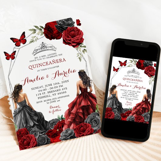Tweeling Zwart en Rood Bourgondië Bloemen Quinceañ Kaart