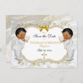 Tweelingbabybays Baptisme Opslagdatum Witte Kruis Save The Date (Voorkant / Achterkant)