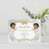 Tweelingbabybays Baptisme Opslagdatum Witte Kruis Save The Date (Staand voorkant)