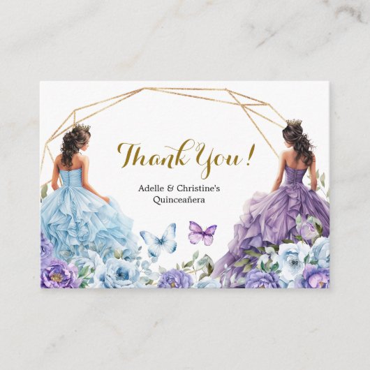 Tweelingblauwe en Paarse Roos prinsessen Quinceañe Informatiekaartje (Voorkant)
