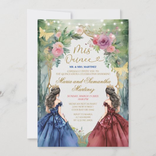 Tweelingblauwe en rode jurk Floral Princess Mis Qu Kaart (Voorkant)