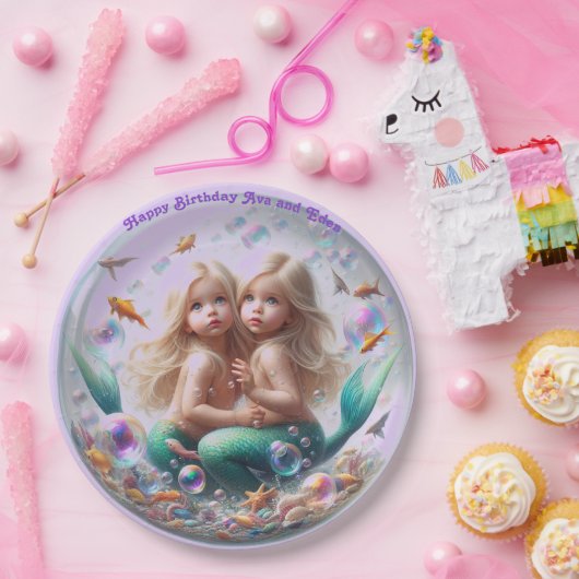 Tweelingblond Kleine Zeemeerminnen Bubble Papieren Bordje (Feest)