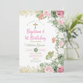 Tweelingdoop & 1e verjaardag Sage Groen Roze Bloem Kaart (Staand voorkant)