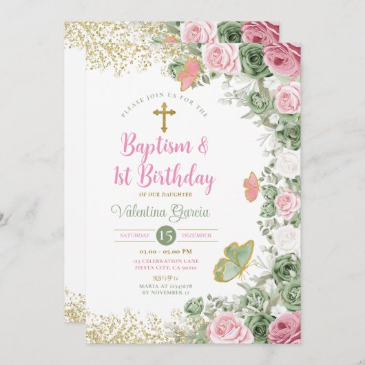 Tweelingdoop & 1e verjaardag Sage Groen Roze Bloem Kaart (Voorkant / Achterkant)