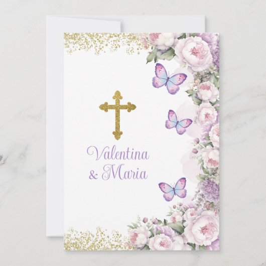 Tweelingdoop en 1e verjaardag Paarse Bloemenkruis Kaart (Achterkant)