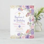 Tweelingdoop en 1e verjaardag Paarse en roze bloem Kaart (Staand voorkant)