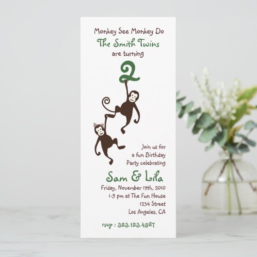 Tweelingen 2e verjaardag, apen kaart (Staand voorkant)