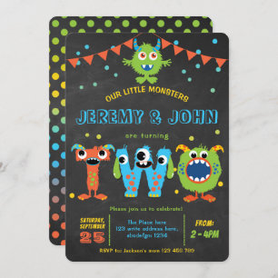 Tweelingen 2e verjaardag schattige kleine monsterf kaart
