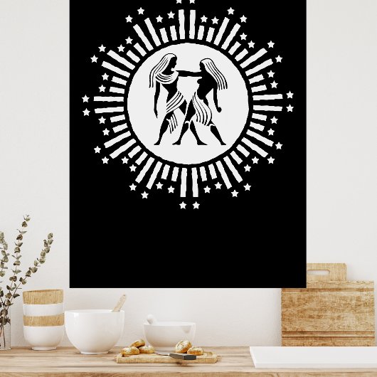 Tweelingen Zodiac Symbool met sterren zwart en wit Poster (Keuken)