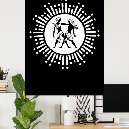 Tweelingen Zodiac Symbool met sterren zwart en wit Poster (Thuiskantoor)