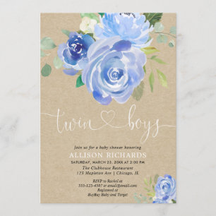 Tweelingjongens baby shower roestblauw bloemkraft kaart