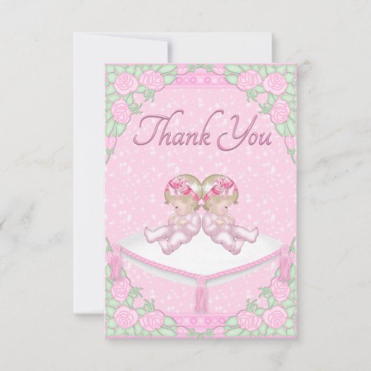 Tweelingmeisjes, kussen en Rozen Roze dank Bedankkaart (Voorkant)