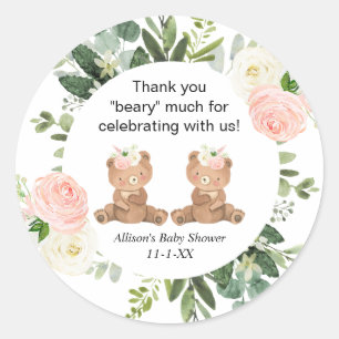 Tweelingmeisjes teddy dragen roze baby shower dank ronde sticker