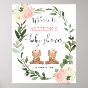 Tweelingmeisjes teddybeer baby shower-welkomstbord poster
